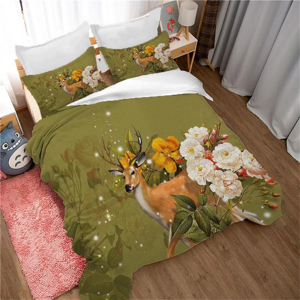 Deer Duvet Cover King/Queen Size,wildlife Bucks Fire Pattern Print Bedding Set For Teens Adults Men,Brown Elk Animal Quilt Cover
