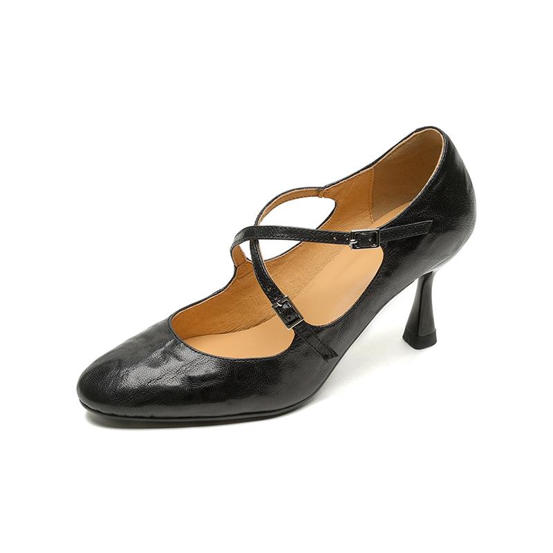 

Fashion 2025 New Spring Square Heeled Women Pumps Buckle Strap Genuine Leather Office Lady Shoes Woman Retro Round Toe Black Mary Janes 34 чёрный