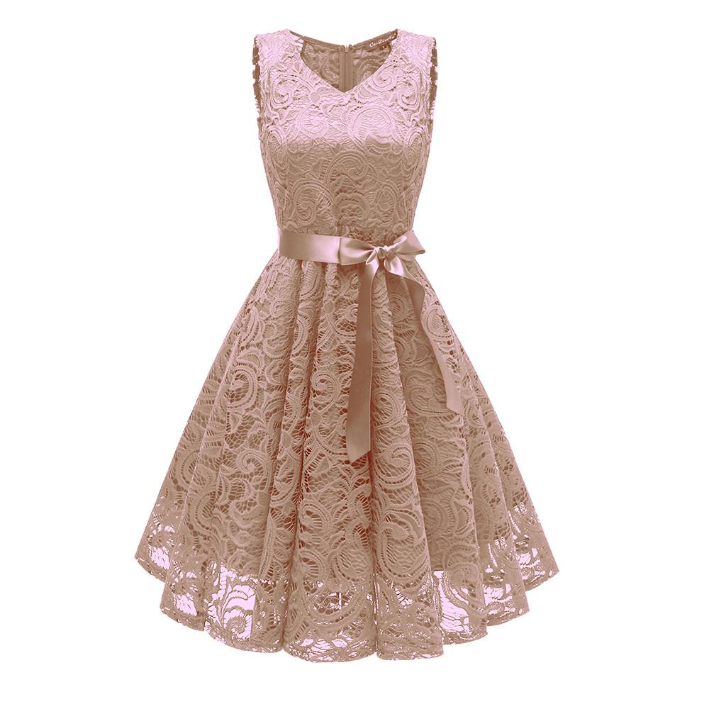 Women Vintage Princess Floral Lace Cocktail V-Neck Party Aline Swing Dress