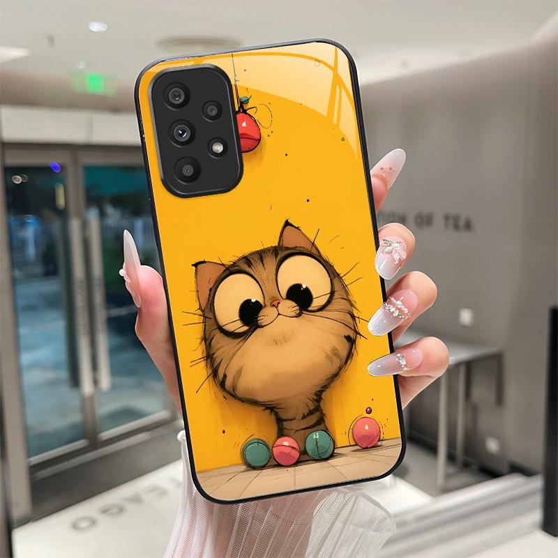 Süße Cartoon-Katzen Blumen Hülle Für Samsung Galaxy A52 A52S A72 4G 5G Gehärtetes Glas Handyhülle Schutzhülle Rückseite Hartschale