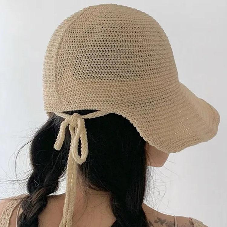 Summer Women Knitted Sun Hat Solid Color Breathable Wide Brim Bucket Hats Ins Korean Girl Beach Travel Windproof Strap Basin Cap