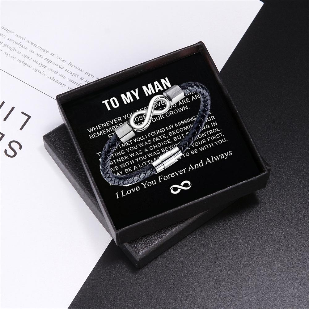 Engraved Stainless Steel Leather Bracelet with Magnetic Clasp – 'To My Man' Gift Set