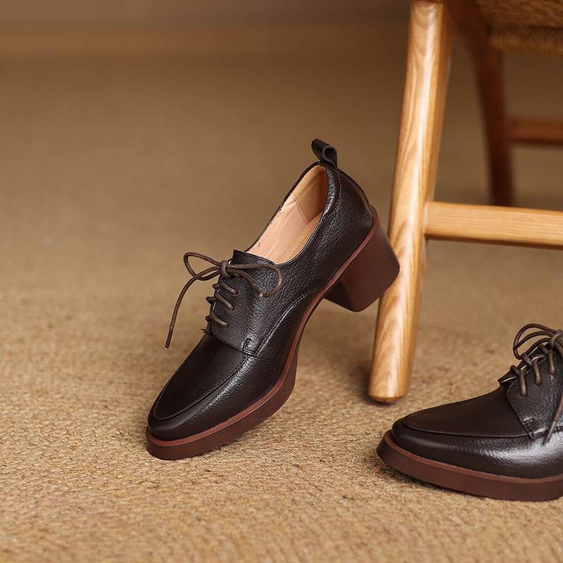 Krazing Pot Sheepskin Autumn Winter Shoes Chunky Heels Size 43 Size 42 Round Toe Lace Up Deep Mouth Retro Fashion Pumps