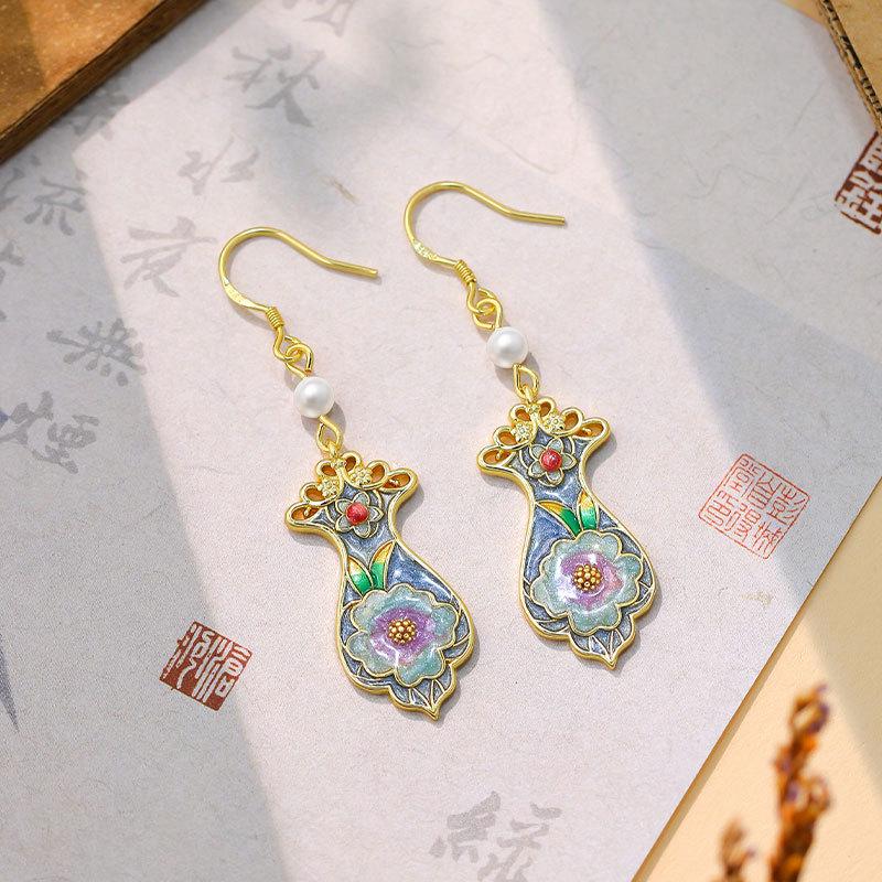 Intangible Cultural Heritage Blue Enamel 925 Sterling Silver Earrings for Women Electroplated Gold