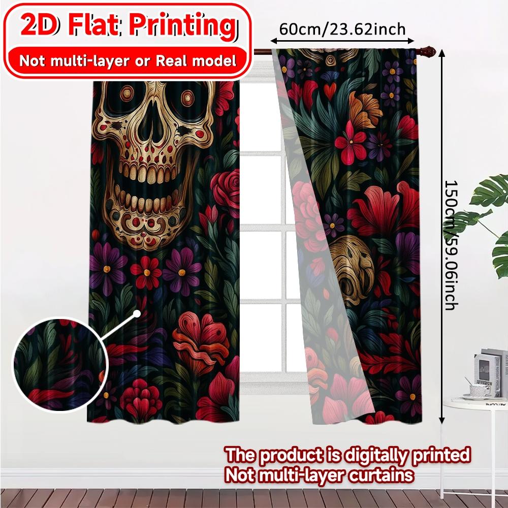 Set Of 2 Flat Printing Curtains Without Rod Floral Skull Festival Creative Versatile Durable Polyester Room Curtain