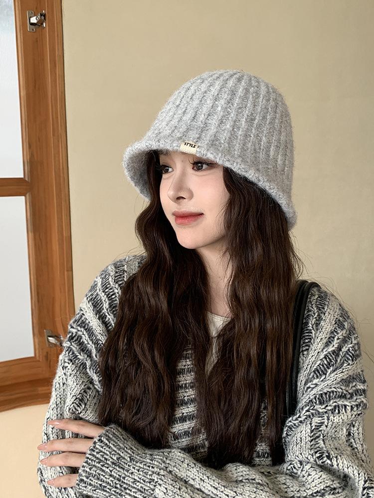 Knit Bucket Hat Women Autumn Winter Big Head Girth Solid Color Warm Fisherman Cap Match Premium Feeling Woolen Outdoor M571