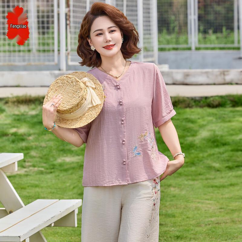 Middle-Aged Women s New Chinese Style Short Sleeve Two-Piece Set 4XL