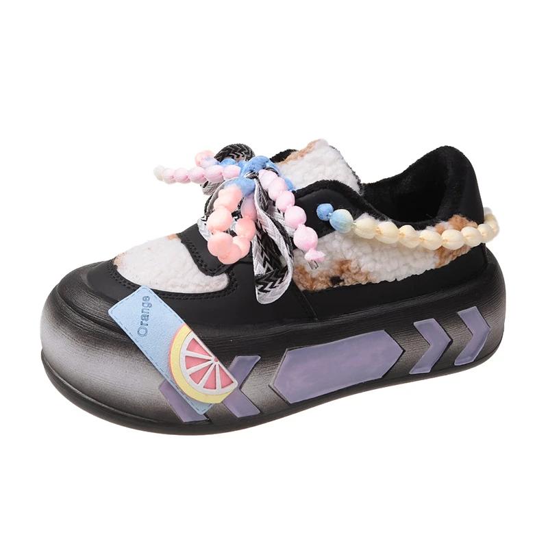 Fashion Designer Cute Kawaii Dad Shoes for Women Girls Platform Vulcanized Shoes Ladies Colorful Round Head Casual Fur Warm Shoes Winter