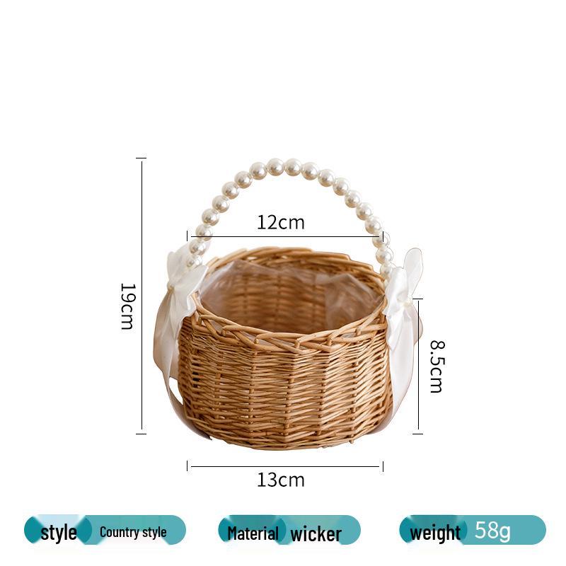 Pearl Handle Woven Flower Girl Basket - Wedding Scattering Souvenir