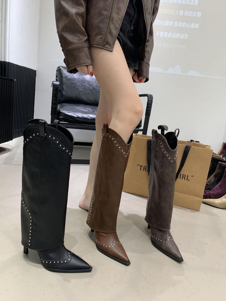 Pointed thin heel boots 2025 autumn new retro high heel trouser boots niche versatile high tube fashion boots women