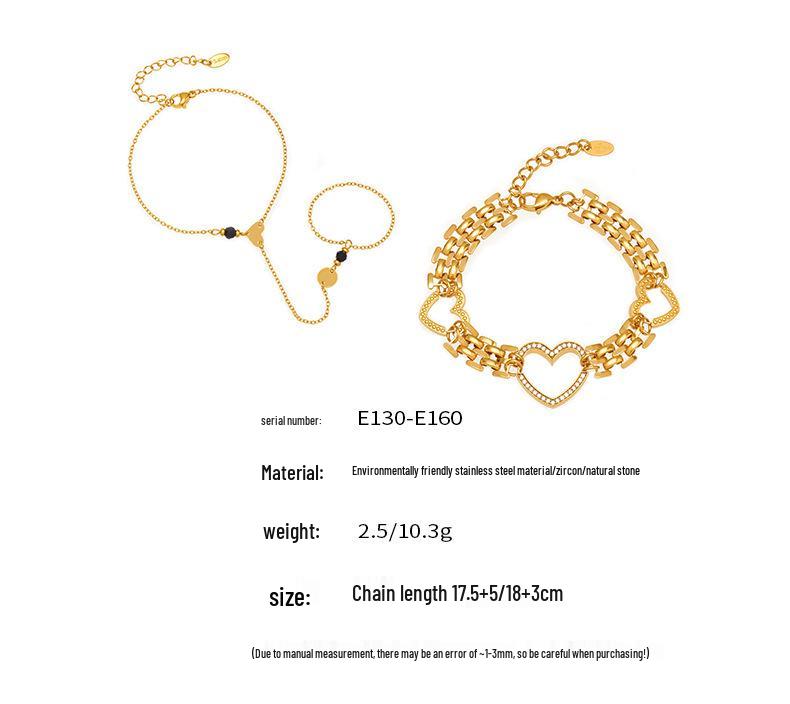 18K Gold-Plated Stainless Steel Heart Watch Strap & Natural Stone Ring Set with Cubic Zirconia