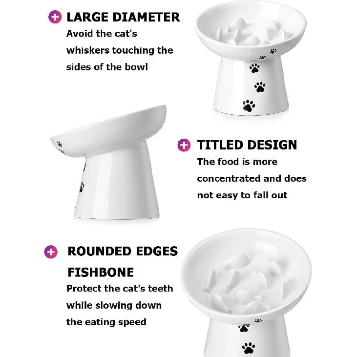 Y YHY Slow Feeder Cat Bowl, Ceramic Cat Slow Feeder Bowl, 6 Inches, Elevated, Anti Vomiting for Dry and Wet Food, White