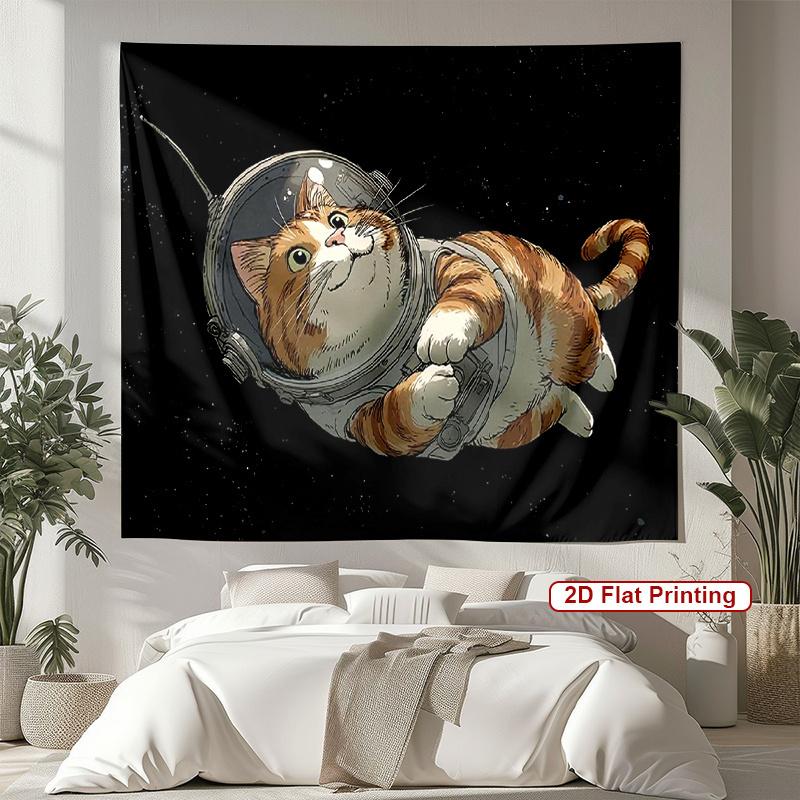 Astronaut Cat Tapestry Cute Ginger Tabby in Space Suit Floating Among Stars 2D Art Wall Hanging for Bedroom or Dorm Decor