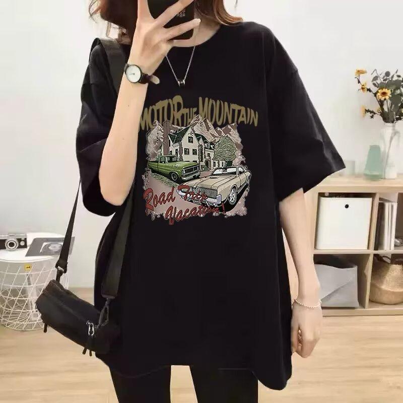 Summer new cartoon printed cotton five-quarter sleeve T-shirt women's loose large size casual fashion versatile top