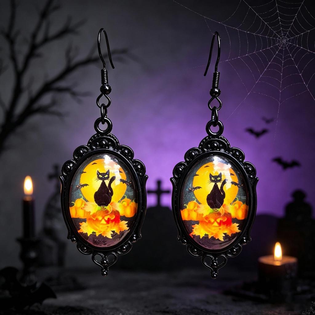 Gothic Black Cat Time Gem Earrings - Halloween Pendant Accessories