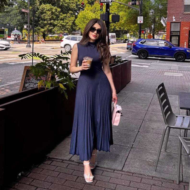 European and American Women's Clothing Summer New Fashion Temperament Slim and Thin Pleated Design Big Pendulum Dress