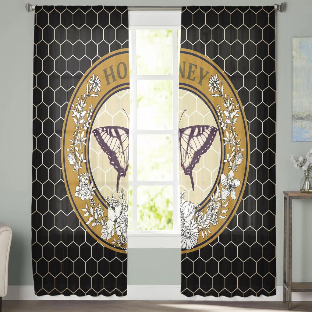 Butterfly Flower Black Retro Tulle Curtains Balcony Room Fashion Printed Sheer Curtain Living Room Window Modern Decor
