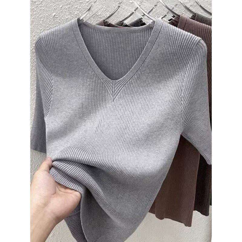 Plus Size Women Clothing Western Style V-neck Short Sleeve T-shirt Women's Summer New Loose Slimming Solid Ice Silk Knitting Top Thin