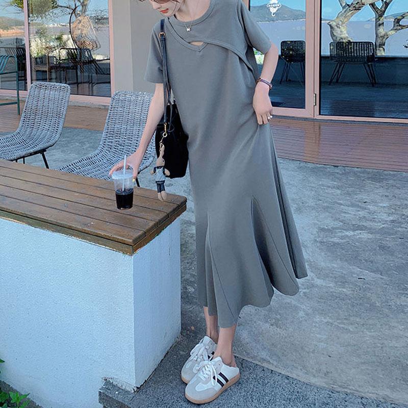 Casual Spliced Hollow Out Midi Dress Summer Short Sleeve Women's Loose Round Basic Solid Color Straight Dresses