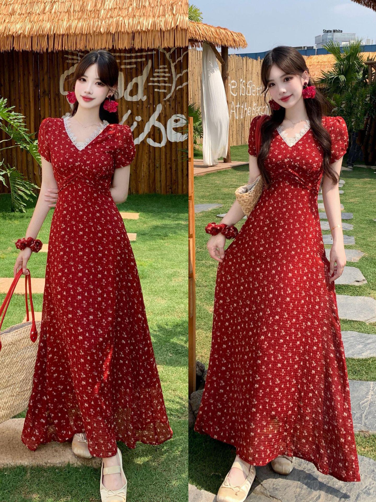 Plus Size Korean V-Neck Floral Dress - Spring/Summer Retro Style L