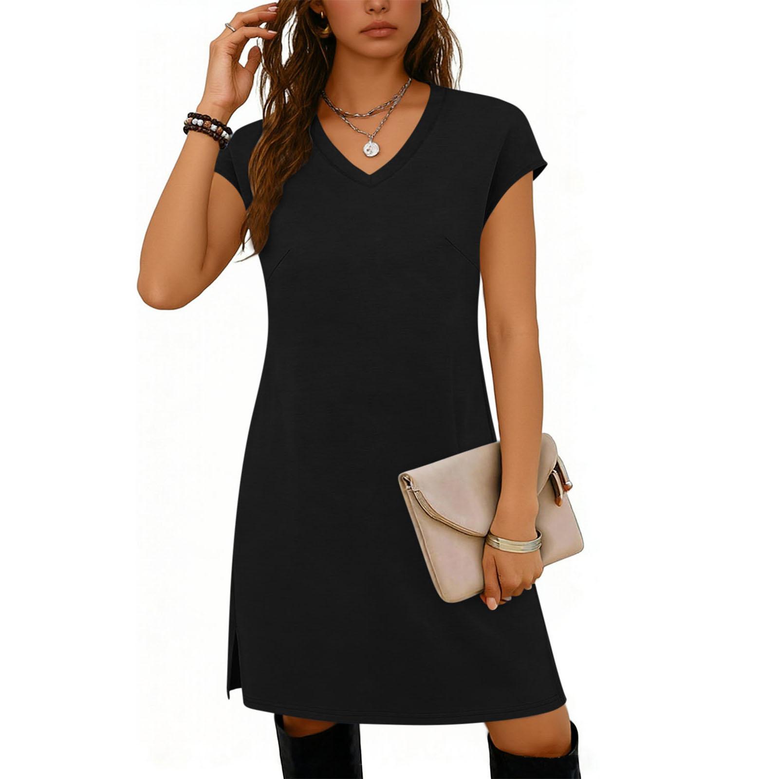 

Fashionable Women s V-neck Hem Slit Color Casual Dress S