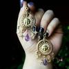 Personality Exaggeration Sun Face Moon and Star Amethyst Teardrops Tassel Dangle Earring for Women Bohemia Ethnic Jewelry Gifts