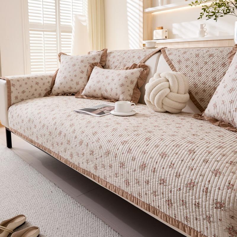 Quilted Washed Cotton Sofa Cushion Korean Small Fresh Fabric Non-slip Solid Wood Sofa Cover  New Seat Cushion