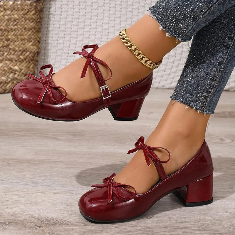 French Butterfly Knot Mary Jane Single Shoes Women's Chunky Heel Elegant Versatile Skirt Matching Small Leather Shoes