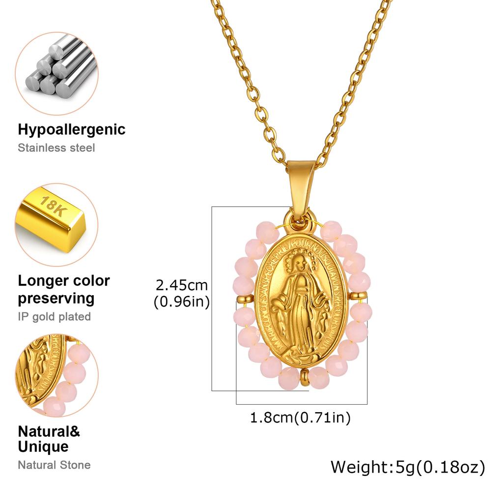 Classic Virgin Mary Pendant Necklace for Women, Zircon Imitation Pearl Natural Stone Bead Charm Necklace,Stainless Steel Jewelry
