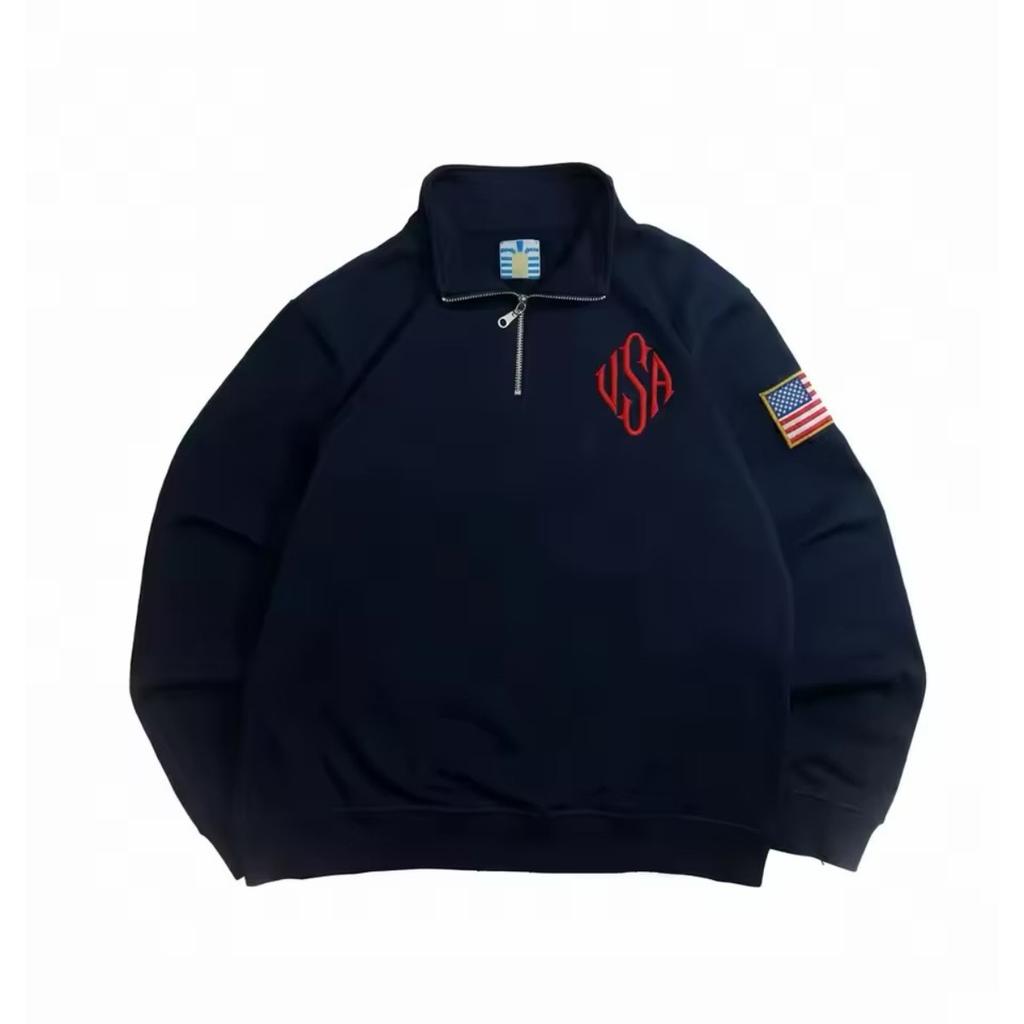 FlowStreet Y2K Tmavě modrá mikina se čtvrtinovým zipem s vyšívanou americkou vlajkou USA, bunda, muži, ženy, Vintage Streetwear, módní trend, top