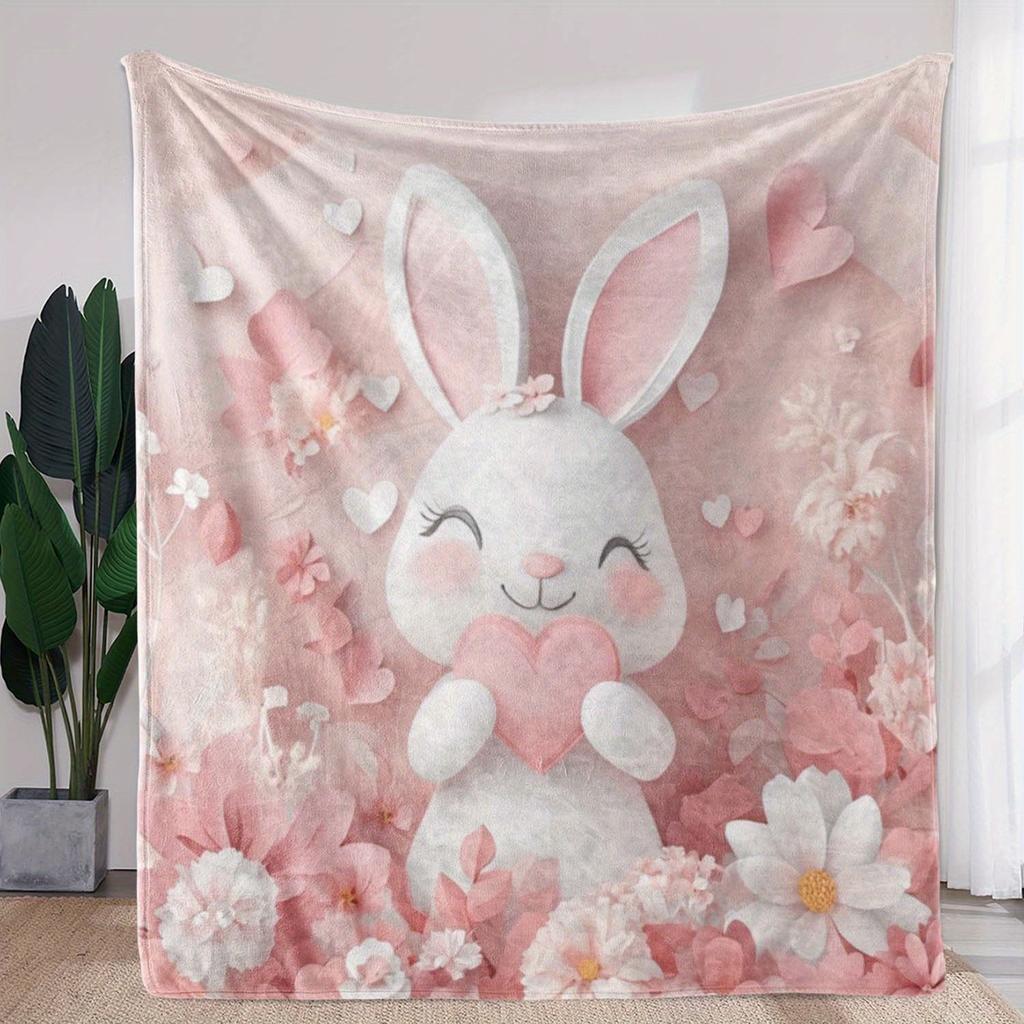 VIKAMA UltraSoft Flannel Rabbit HeartPatterned Blanket Pink Floral Cute Cartoon Design Sofa Relaxation Nap Warmth