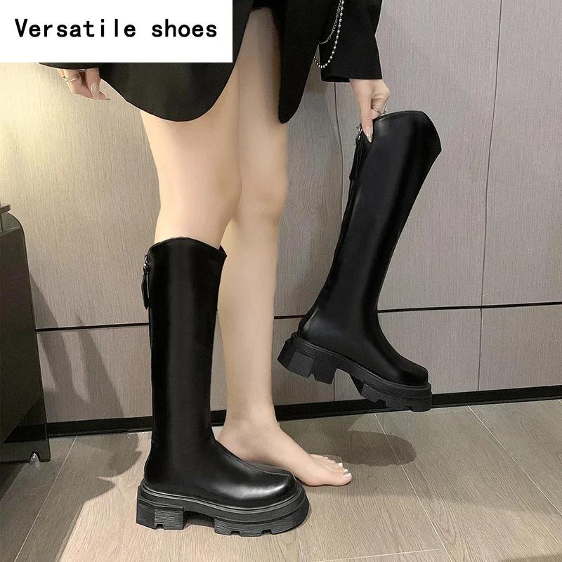 Platform Women Knee High Boots Fashion Back Zippers Knight Long Boots Square Heels Autumn Winter Ladies Shoes