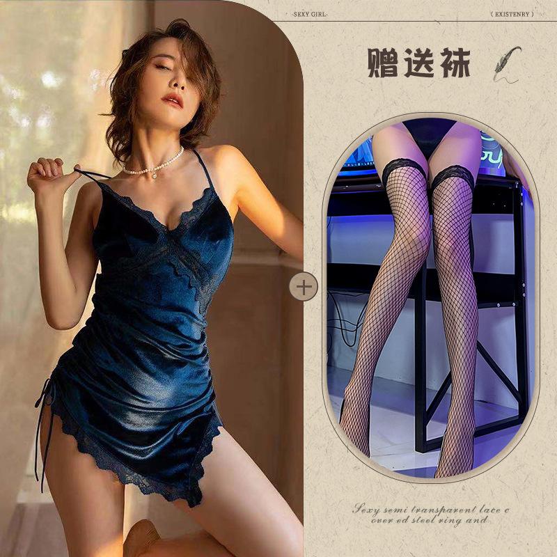 Night listening incense new sexy underwear velvet cross lace-up nightdress backless slit temptation pajamas passion loungewear