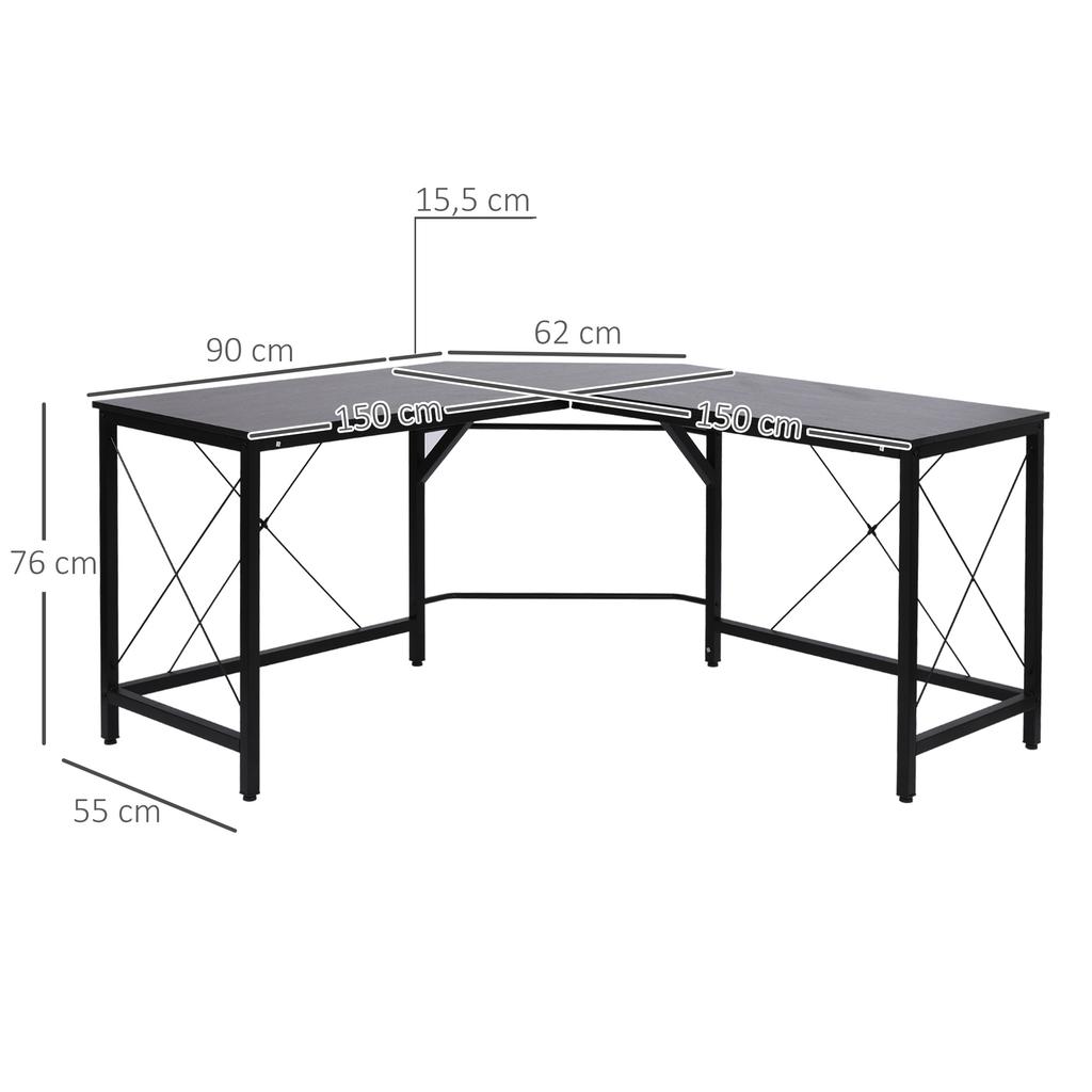 L-Shaped Corner Desk, Computer Desk for Home Office, Space-Saving Study Workstation, Easy To Assemble, 150 X 150 X 76cm, Black