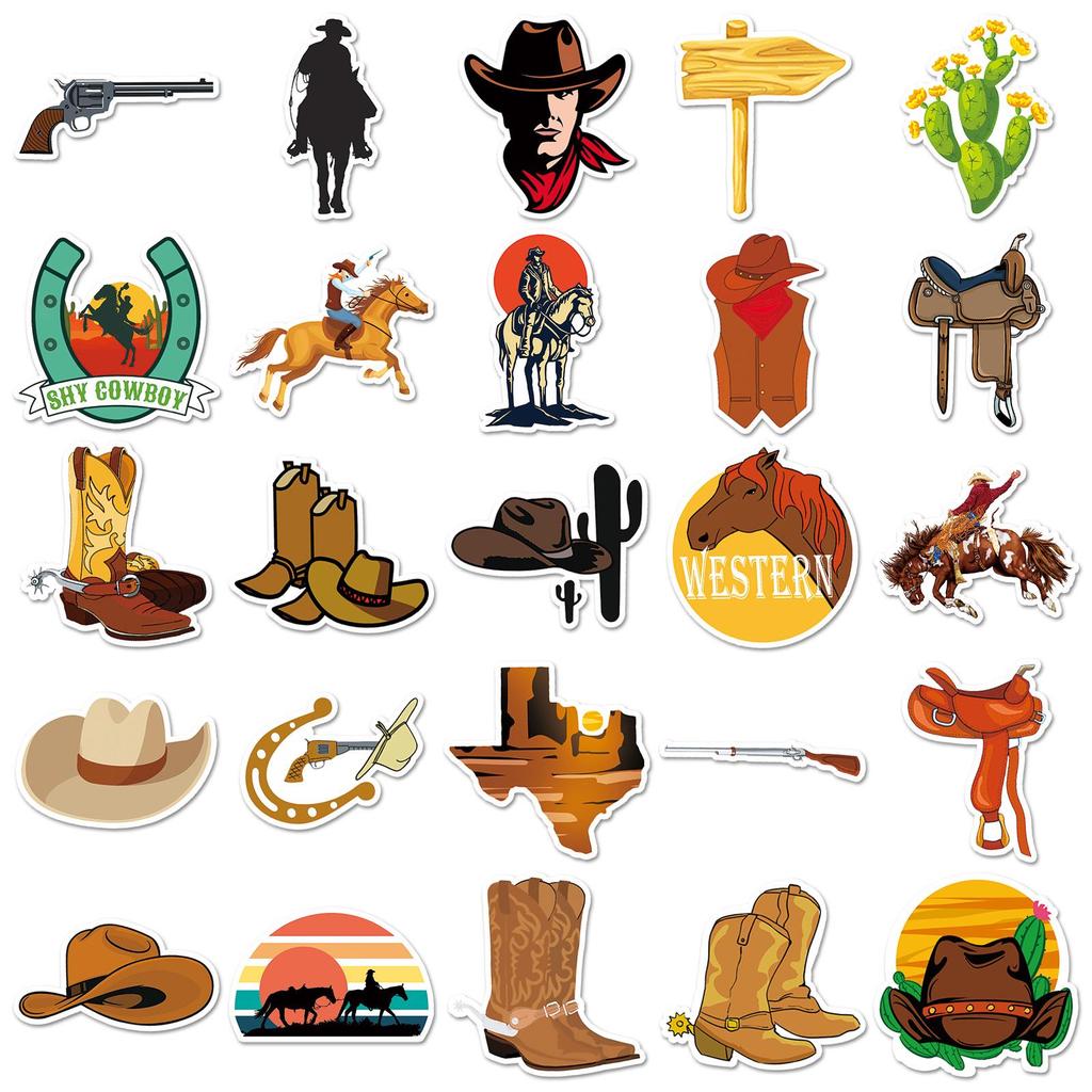 50 Western Cowboy Retro Cartoon Stickers - Waterproof, Removable, Ideal for Suitcases, Notebooks, Journals