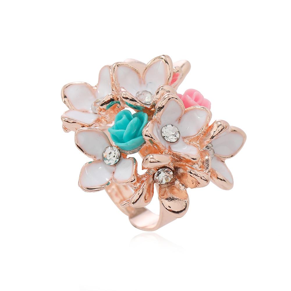 Diamond encrusted flower colorful creative sweet temperament versatile elegant adjustable ring with adjustable opening