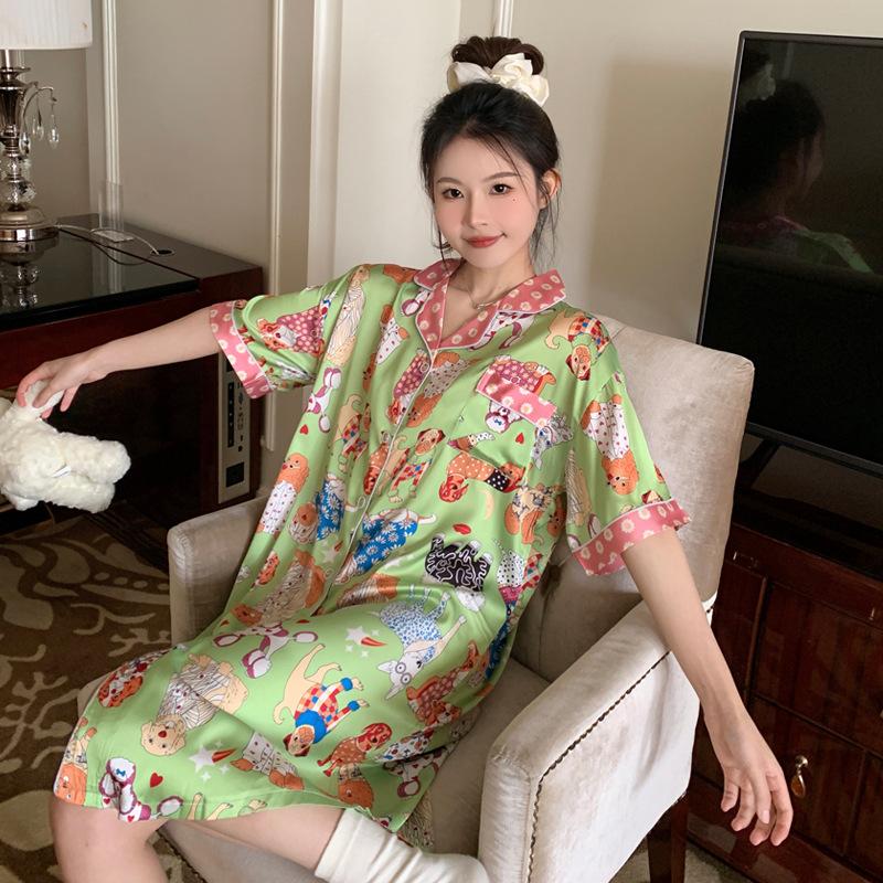 

Zhao Ruth Той самий мультяшний пес Шовкові піжамні штани Жіноча літня сорочка з коротким рукавом Солодкий стиль Нічна сорочка 2XL