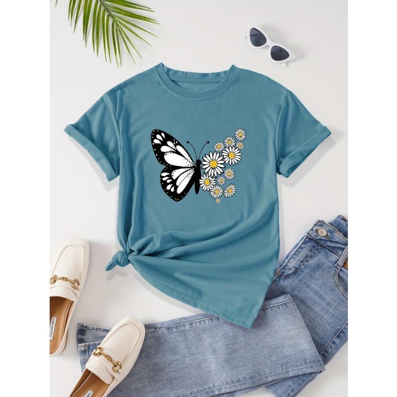

Ladies fashion women s butterfly cartoon printed T-shirt round neck T-shirt versatile casual T-shirt XL