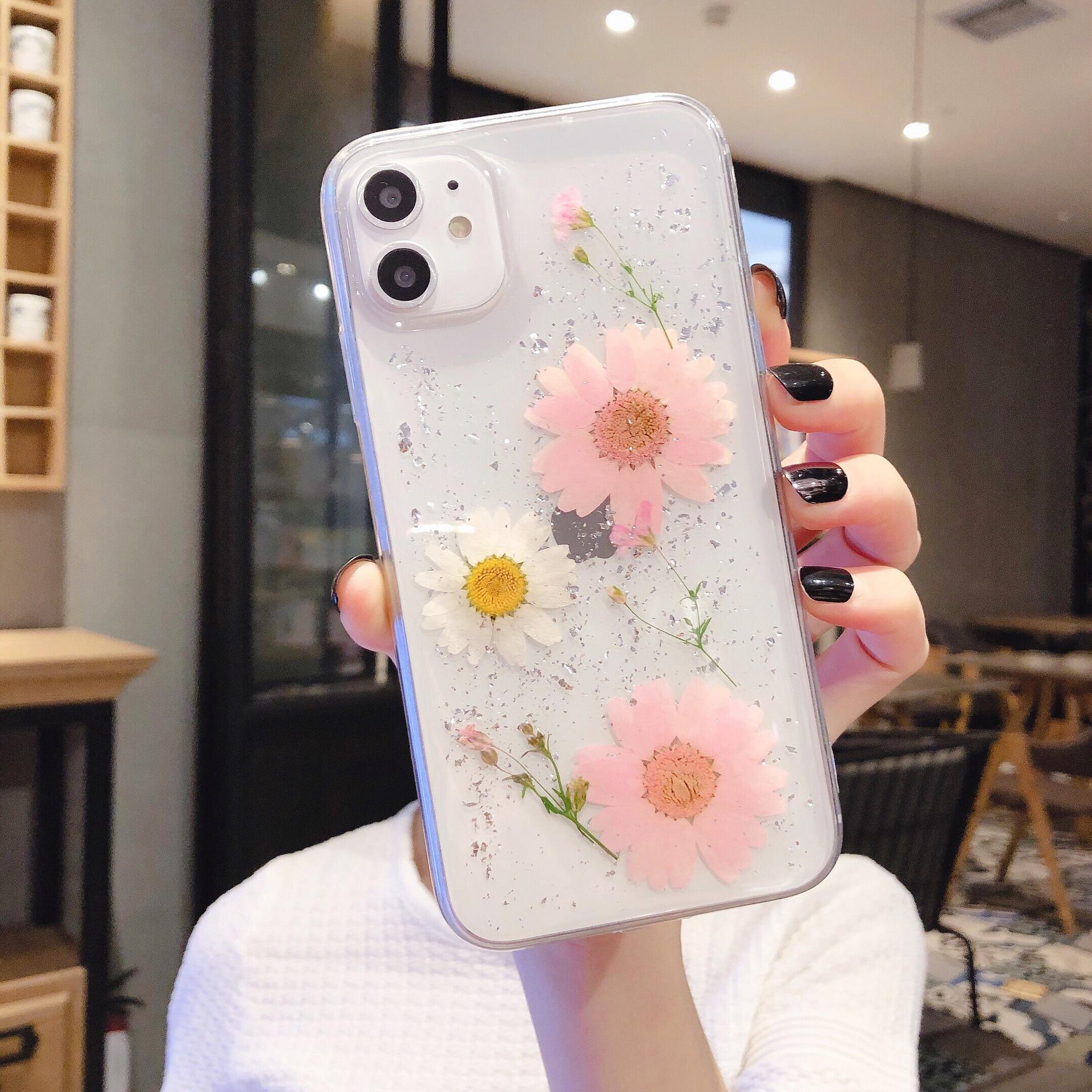 

Чехол для мобильного телефона Hyunya Foil Gold Real Flower Dryed Flower для iPhone16Plus/15ProMax с эпоксидными блестками 13/14 IPhone X/XS розовый