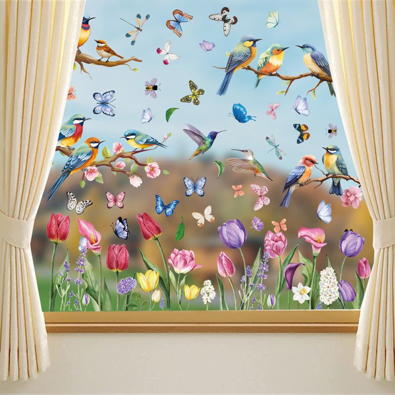 76 Pcs Window Cling Sticker Watercolor Tulip Flowers Butterfly Floral Patterns Window