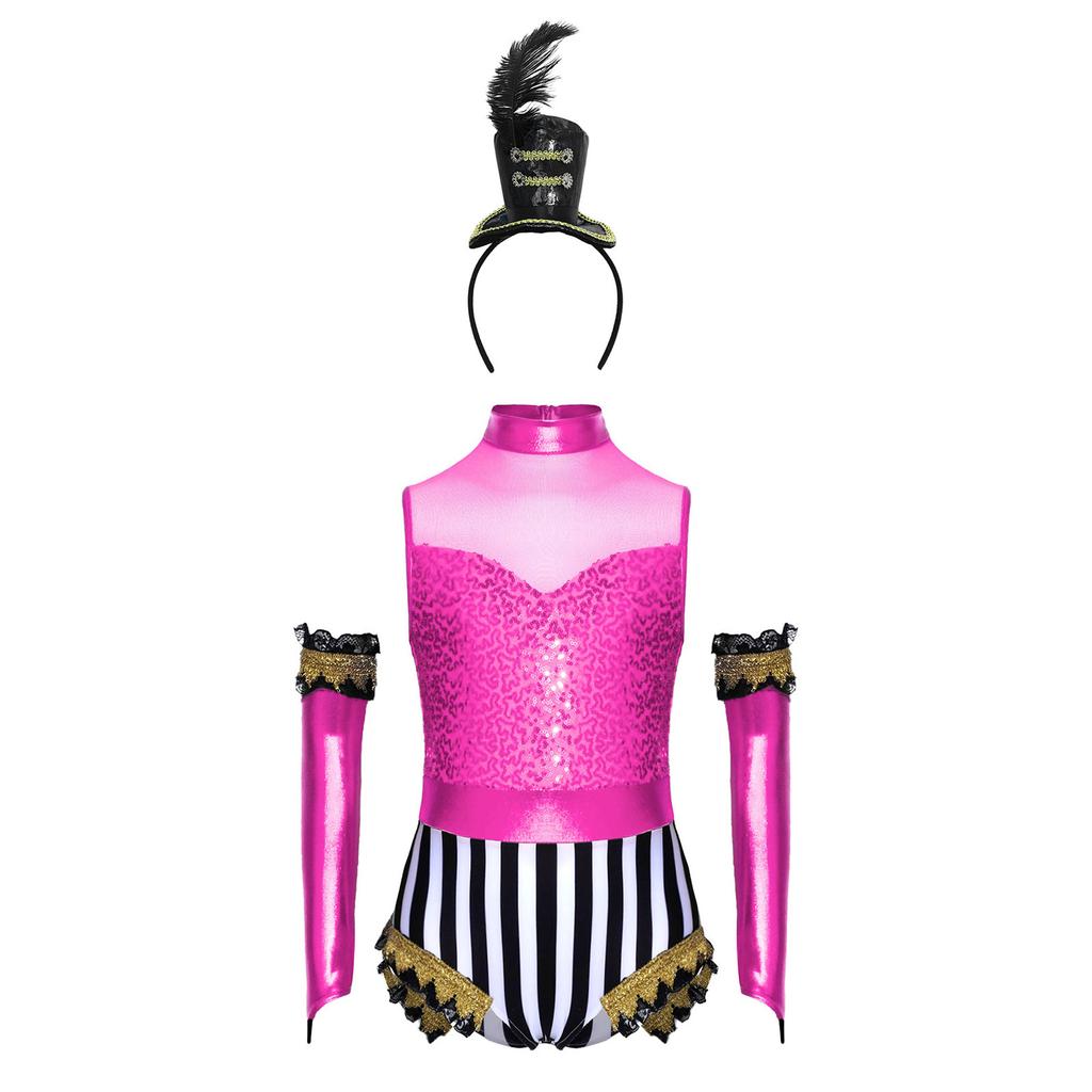 Girls Circus Costume Set Sequins Mock Neck Sleeveless Jumpsuit Press Buttons Metallic Oversleeve Top Hat