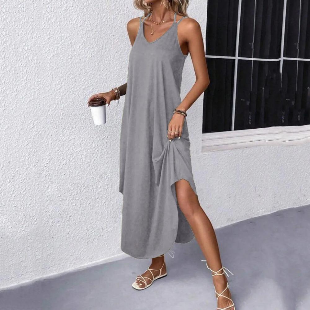 

Женские струящиеся платья с закругленным подолом, летние, без рукавов, с V-образным вырезом, свободный крой, длинное платье на подтяжках, однотонные повседневные платья, новые XXL серый