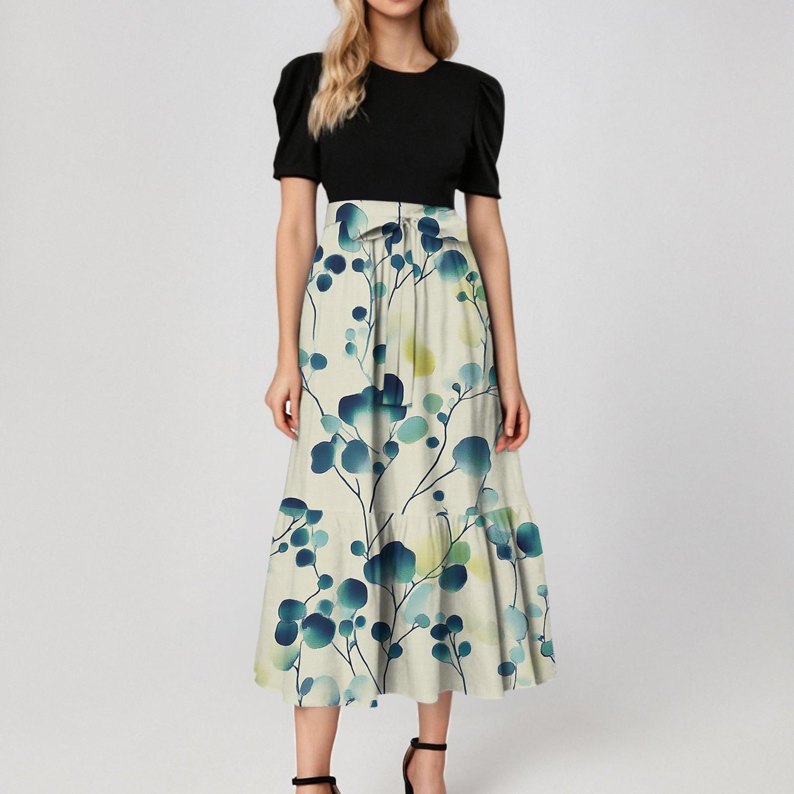 

Жіноча модна повсякденна сукня з коротким рукавом і круглим вирізом із квітковими швами, елегантна темпераментна сукня XL