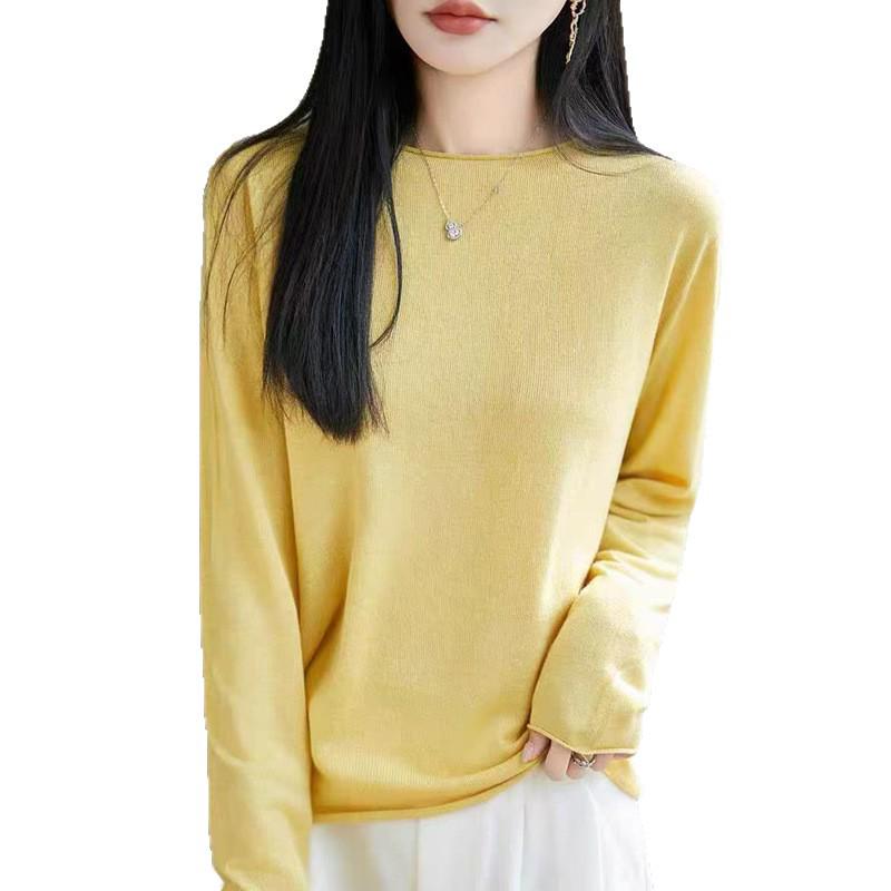 2026 Autumn Women's Wool Blend Rolled Edge Round Neck Knitwear Sweater Long Sleeve Seamless Design