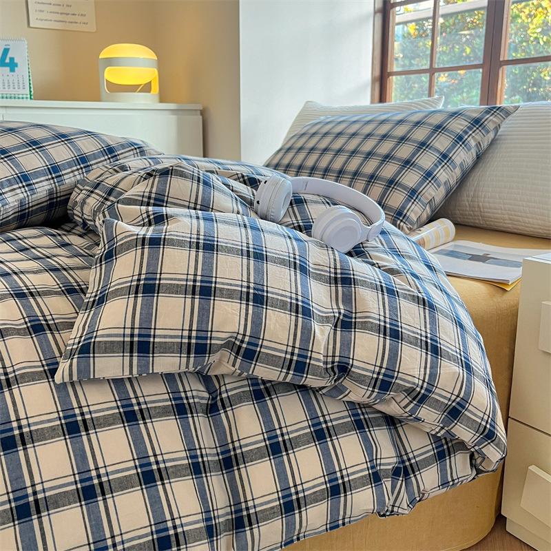 Retro Striped Four-piece Set, Cotton Pure Cotton 100 Washed Cotton Bed Sheet Quilt Cover, Male Student Dormitory Bed Three-piece Set 1