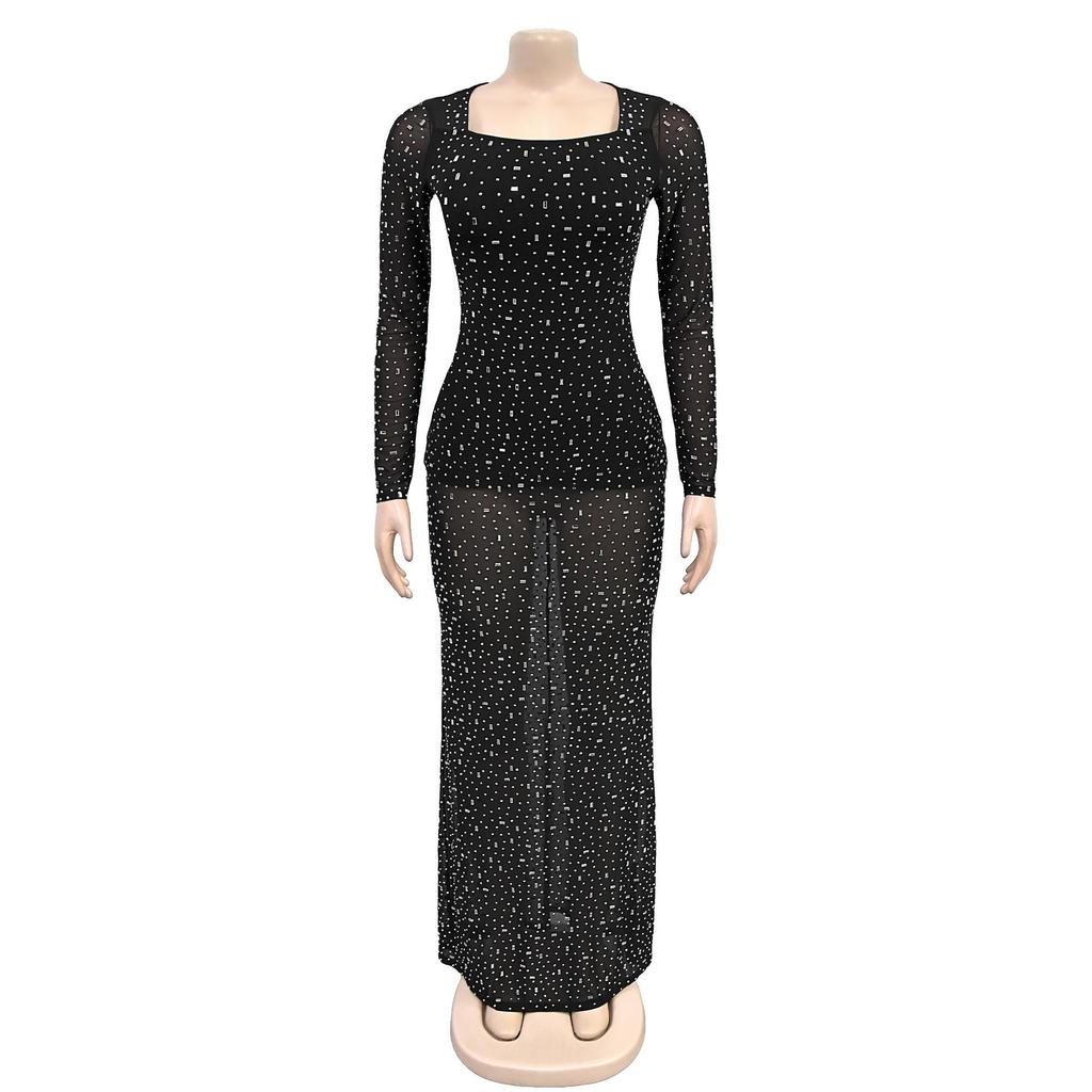 European & American Rhinestone Long Sleeve One-Shoulder Women's Dress