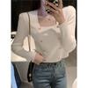 2025 Autumn New Square Collar Dew Collarbone Sweet Shirt Love Double-breasted Knitted Sweater Women