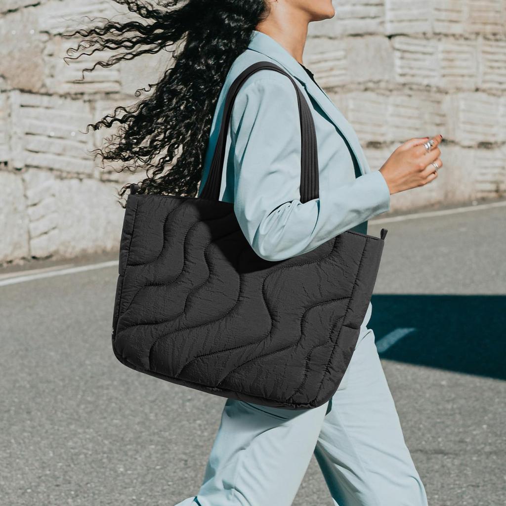 [tomtoc] Fluffy Tote Bag, Large Capacity, Lightweight Shoulder Bag, Compatible with 15-16 Inch MacBooks, A4 Size, Soft Quilted Shoulder Bag,