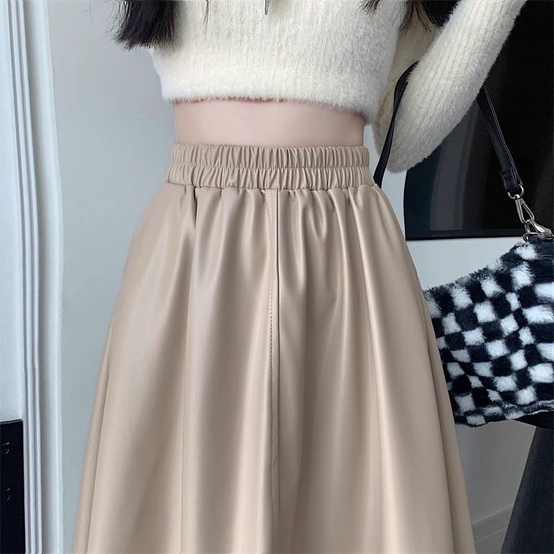 2024 Herbst/Winter Damen Schwarzer PU-Leder High-Waist A-Linien Midi-Rock