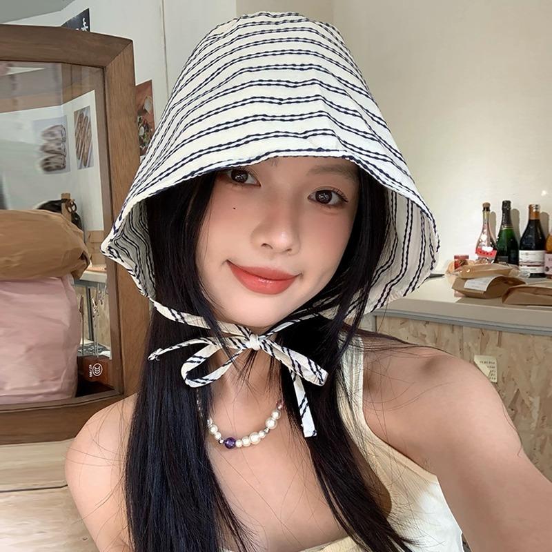 

New striped big eaves bucket hat spring and summer face small hat women niche sunshade sunscreen basin hat tide M（56-58cm）